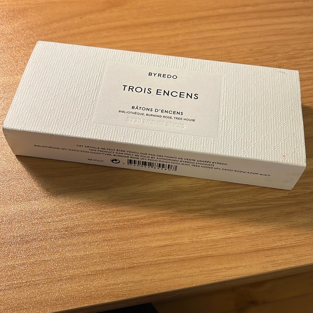 Byredo Trois Encens incense sticks in Bibliotheque, Burning Rose, & Tree House